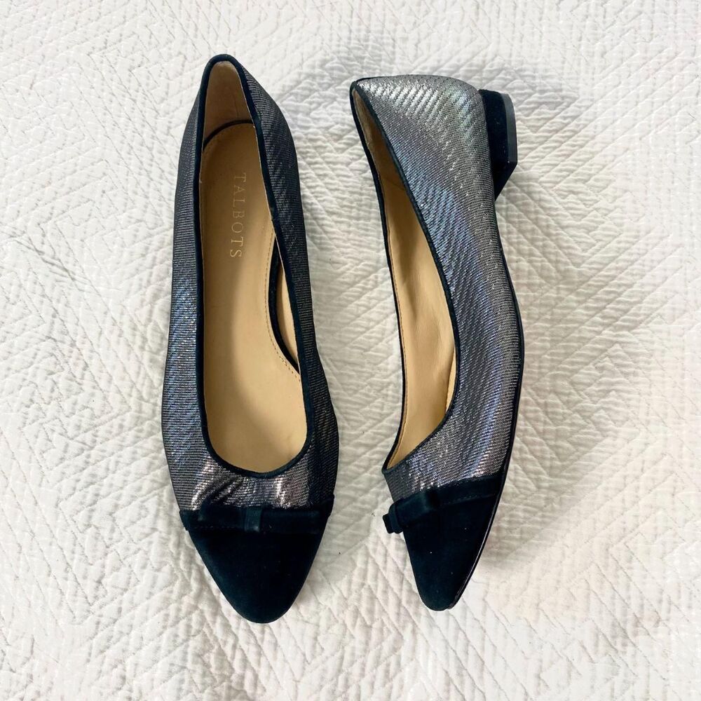 Talbots Edison Bow-Detail Flats in a metallic silver and black suede Ballerina 8